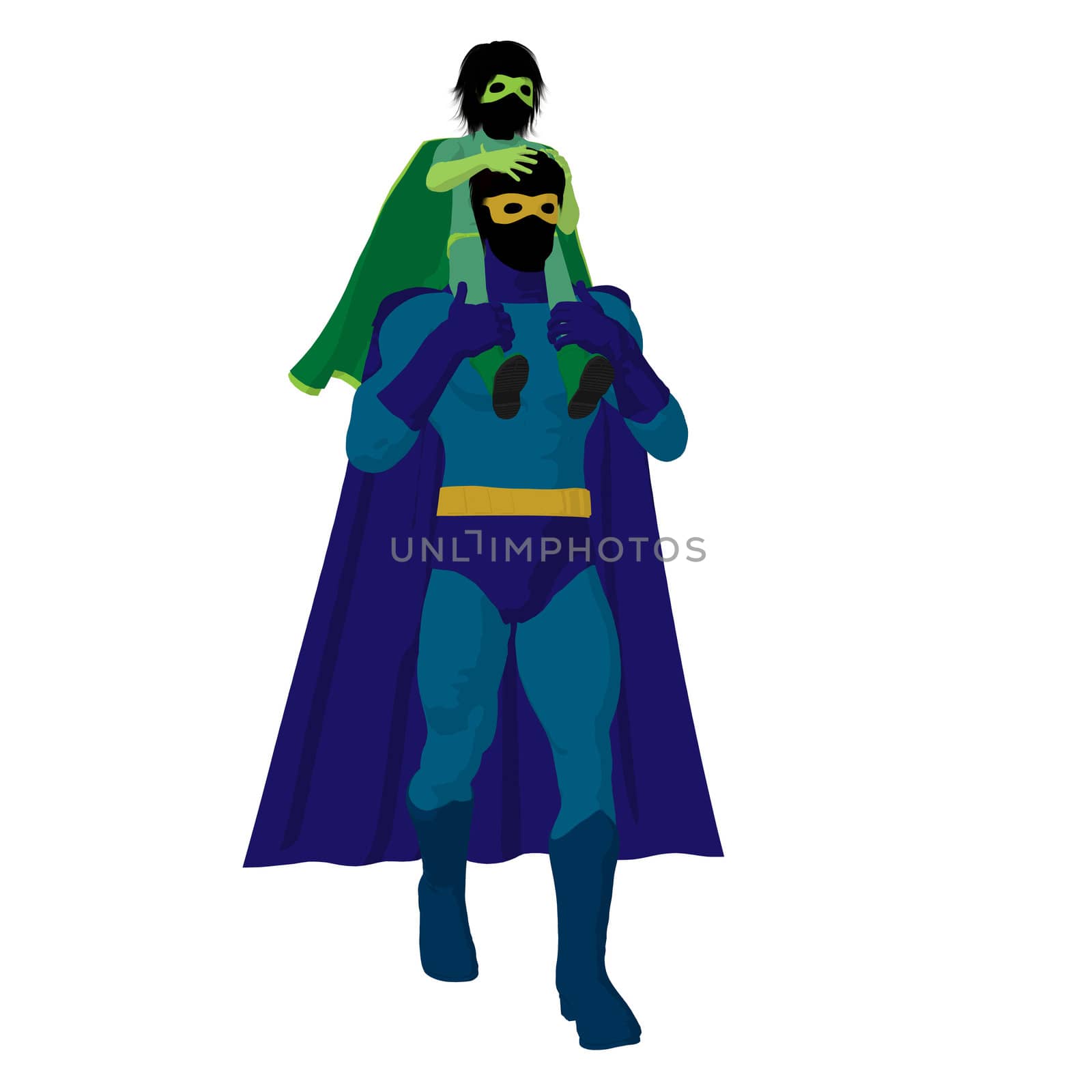 Super hero dad with child silhouette on a white background