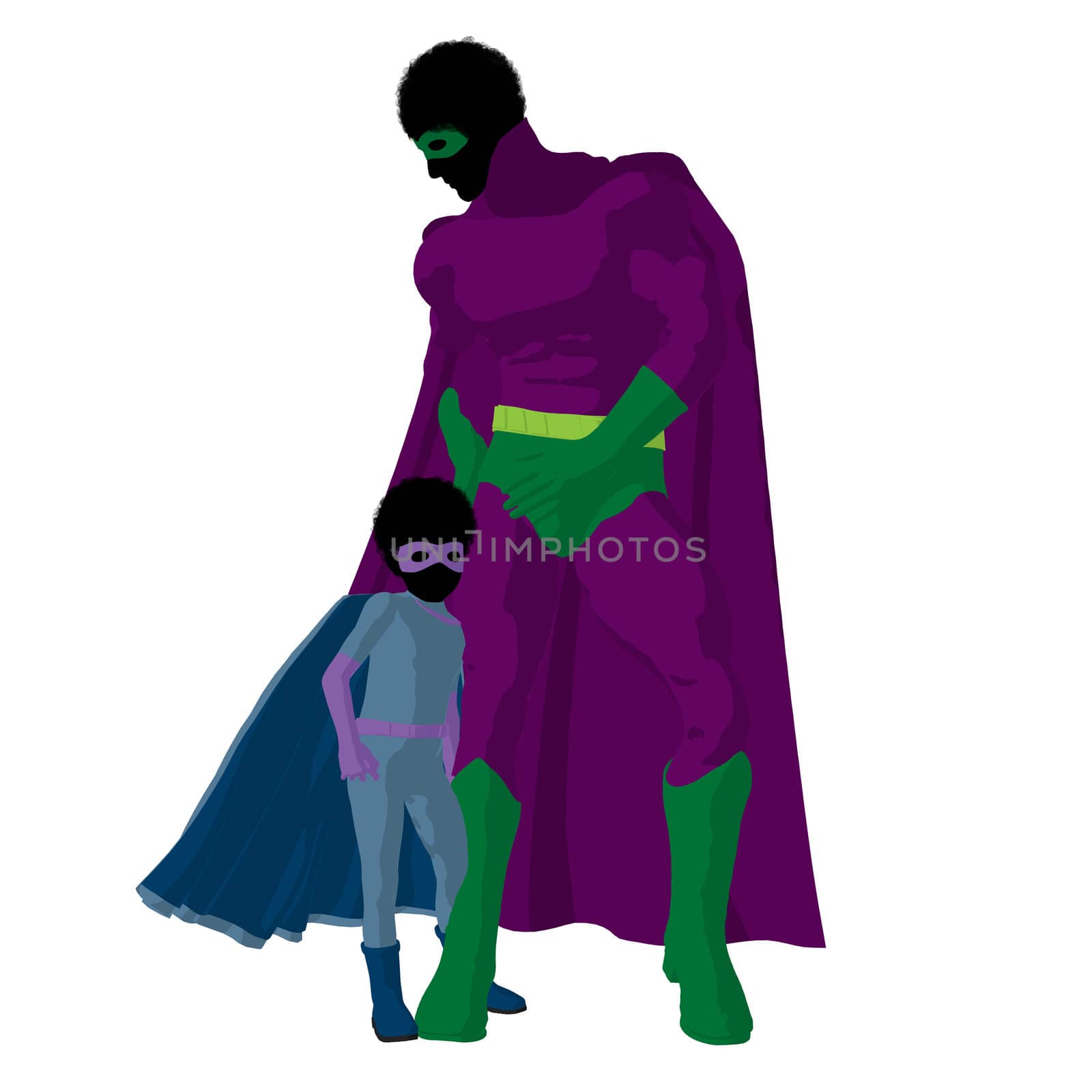 African american super hero dad with child silhouette on a white background