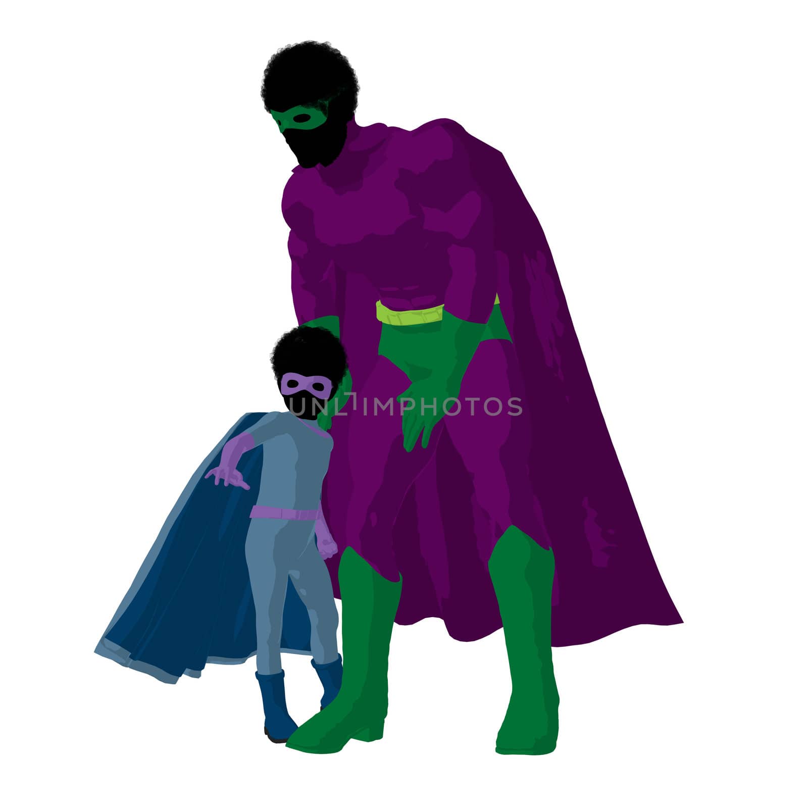 African american super hero dad with child silhouette on a white background