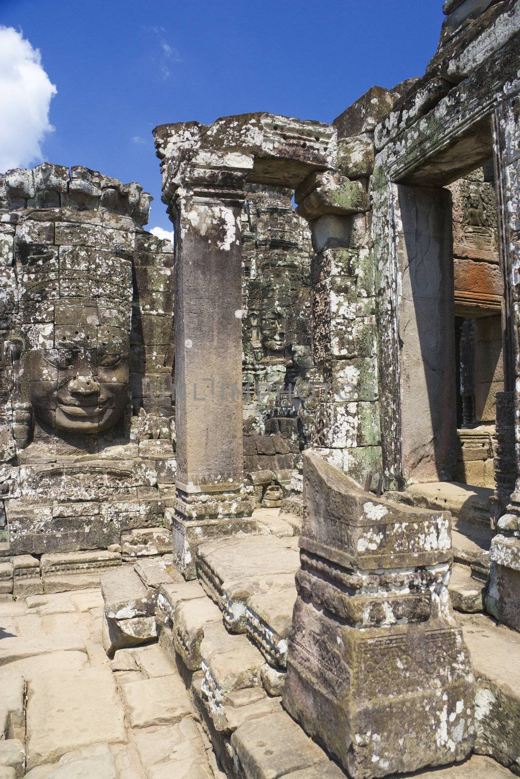 Image of UNESCO's World Heritage Site of Bayon, which is part of the larger temple complex of Angkor Thom, located at Siem Reap, Cambodia. This is one of the temples in Siem Reap where the Hollywood movie Lara Croft Tomb Raider was filmed at.