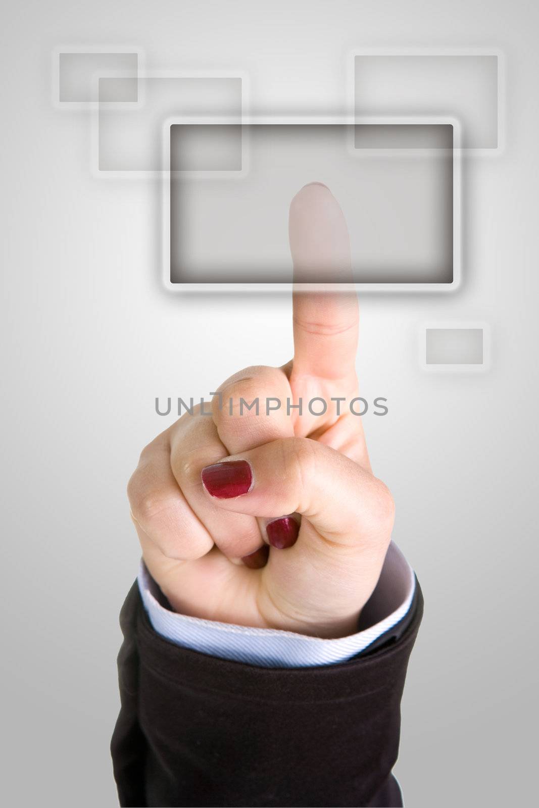 businesswoman finger pushing button by mlopes