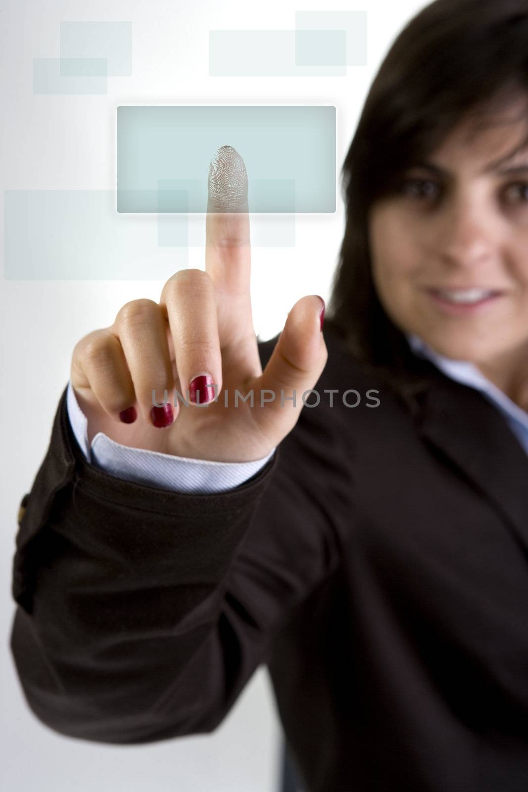businesswoman pushing button by mlopes