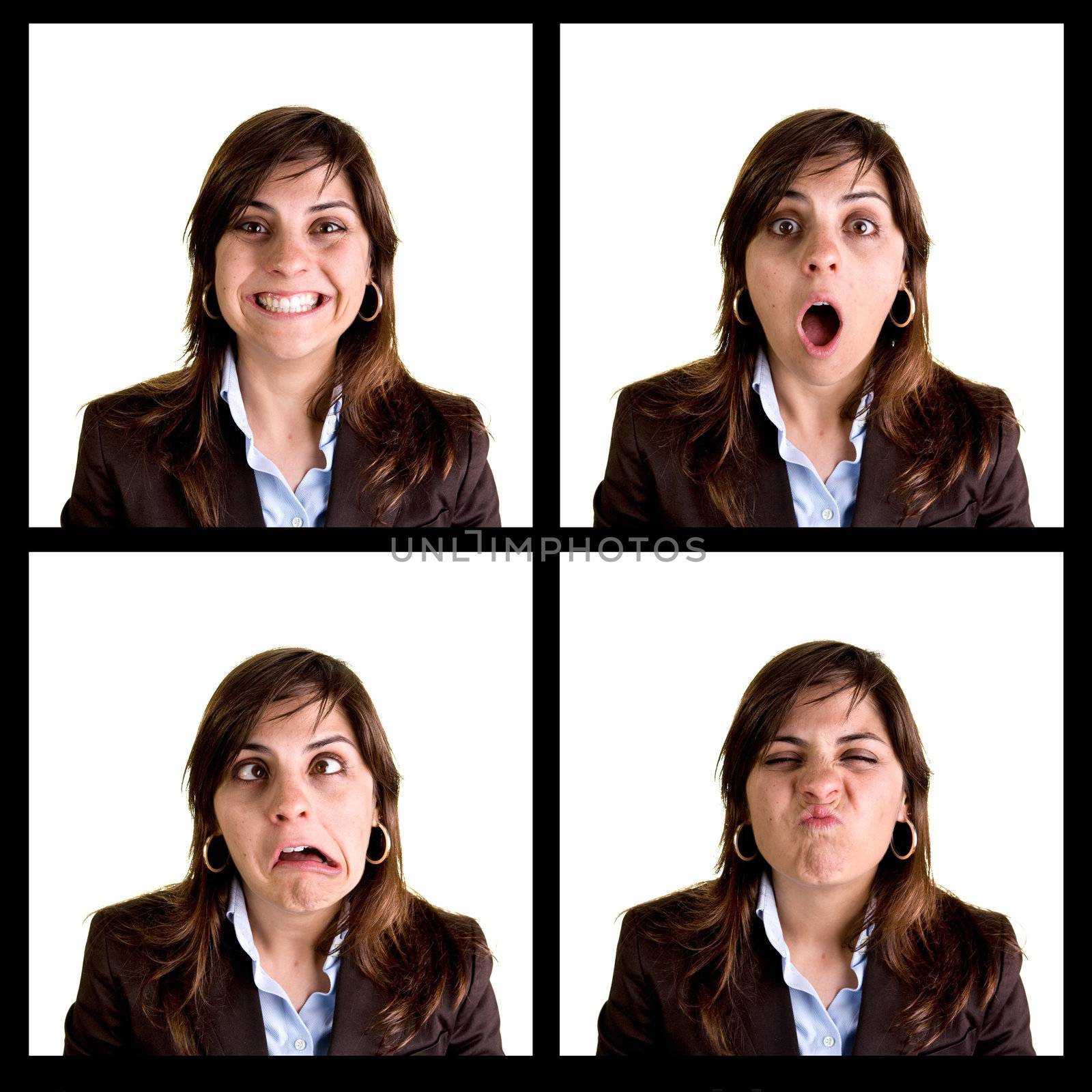 Collection of 4 businesswoman portraits with happy and funny expressions - each photo has 3000px wide