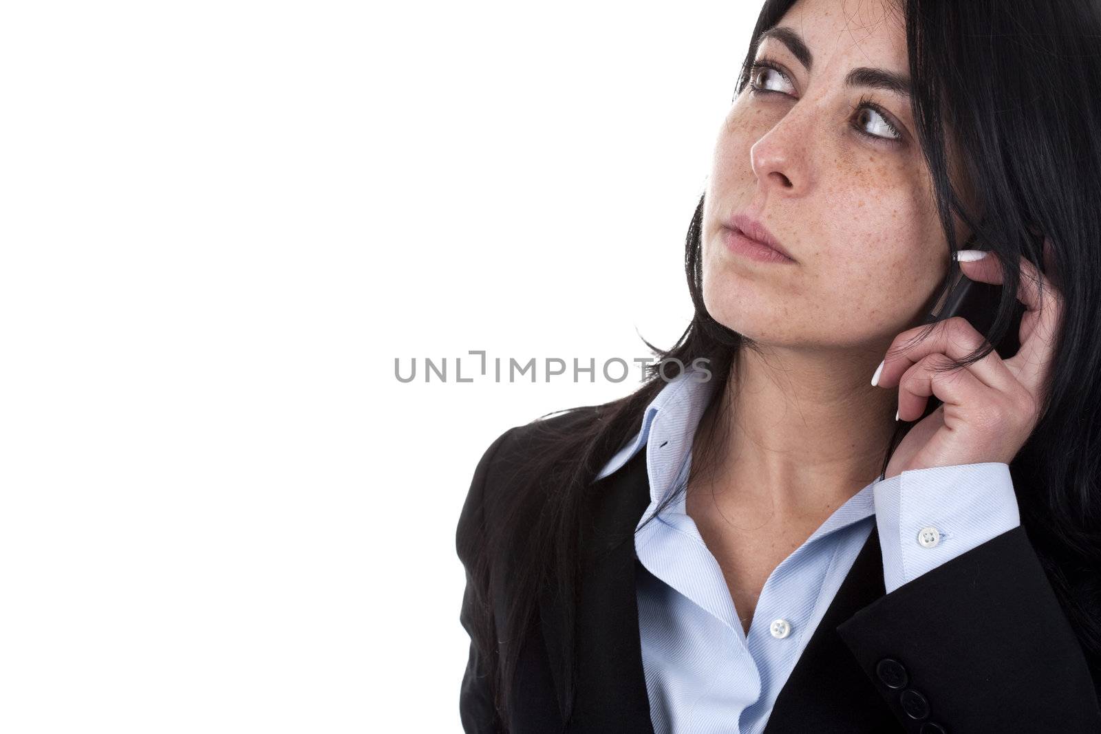 beautiful businesswoman with mobile phone isolated on white background