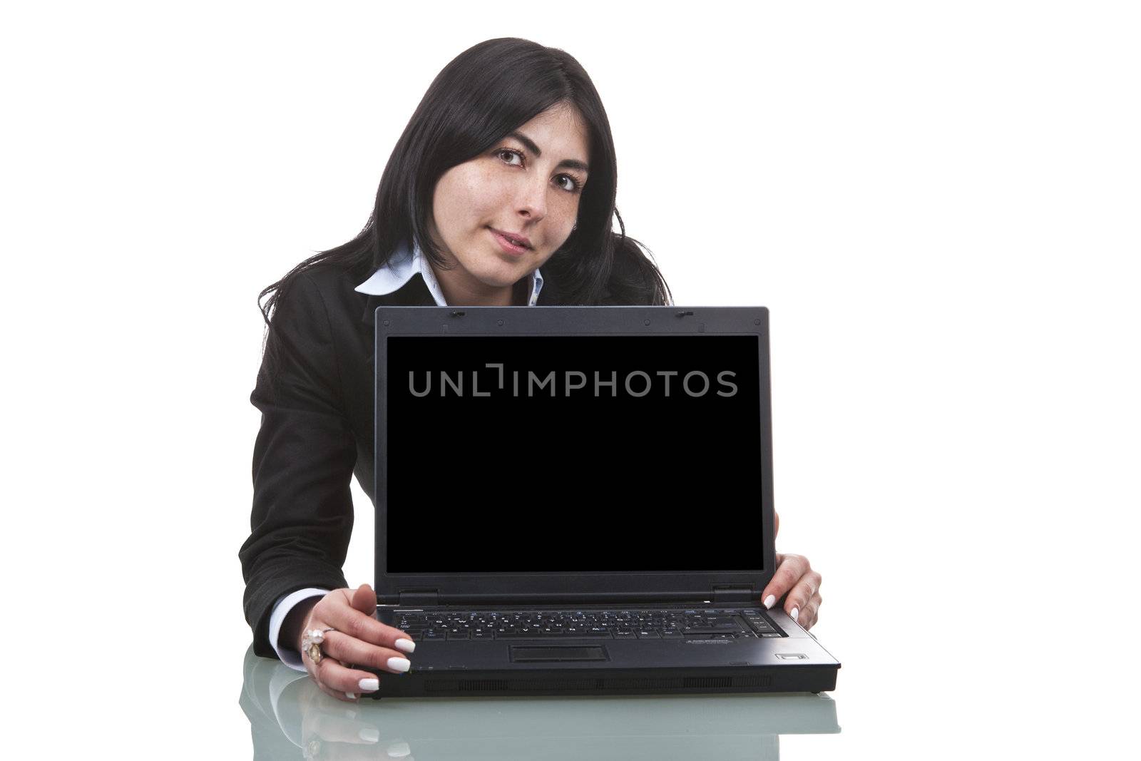 beautiful businesswoman with laptop computer isolated on white background