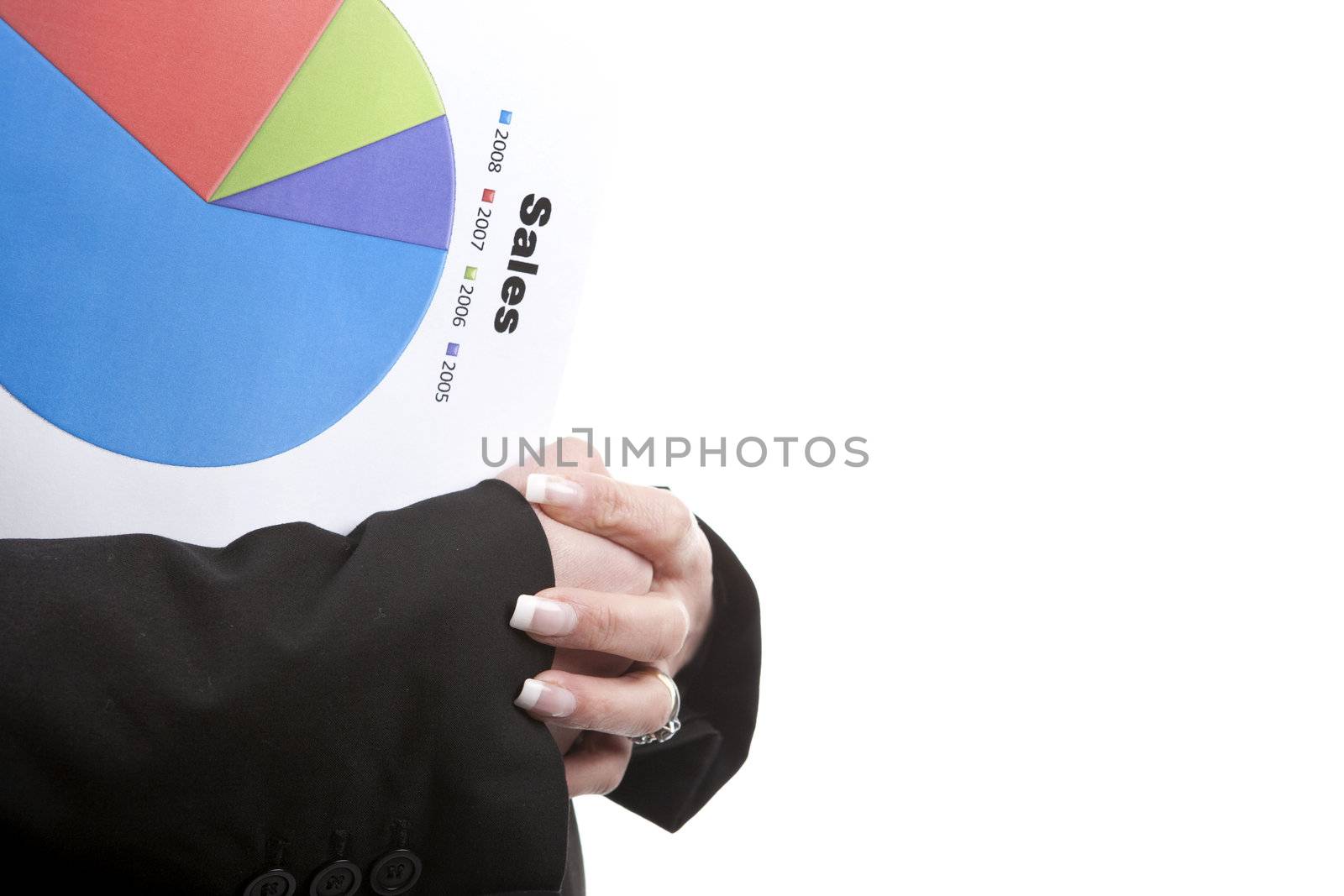 beautiful blond businesswoman holding sales chart in the hand by mlopes