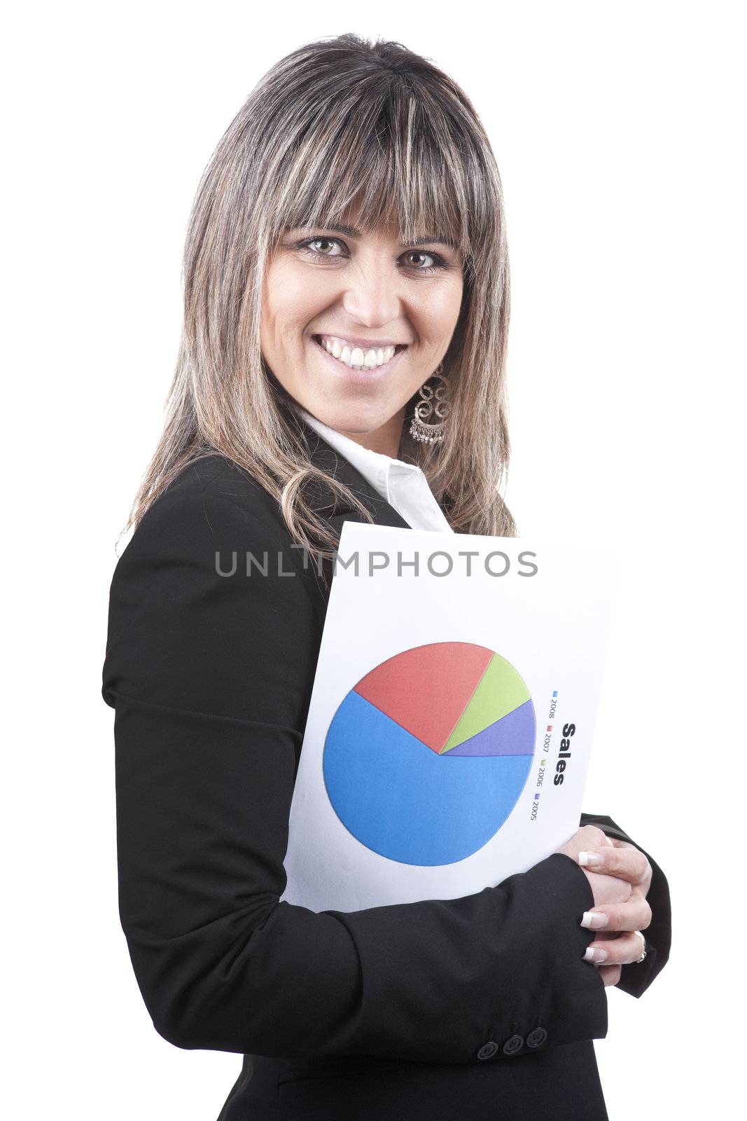 beautiful blond businesswoman holding sales chart in the hand by mlopes