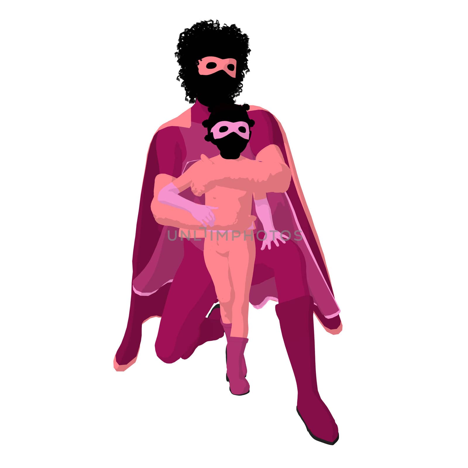 African american super hero mom with child silhouette on a white background