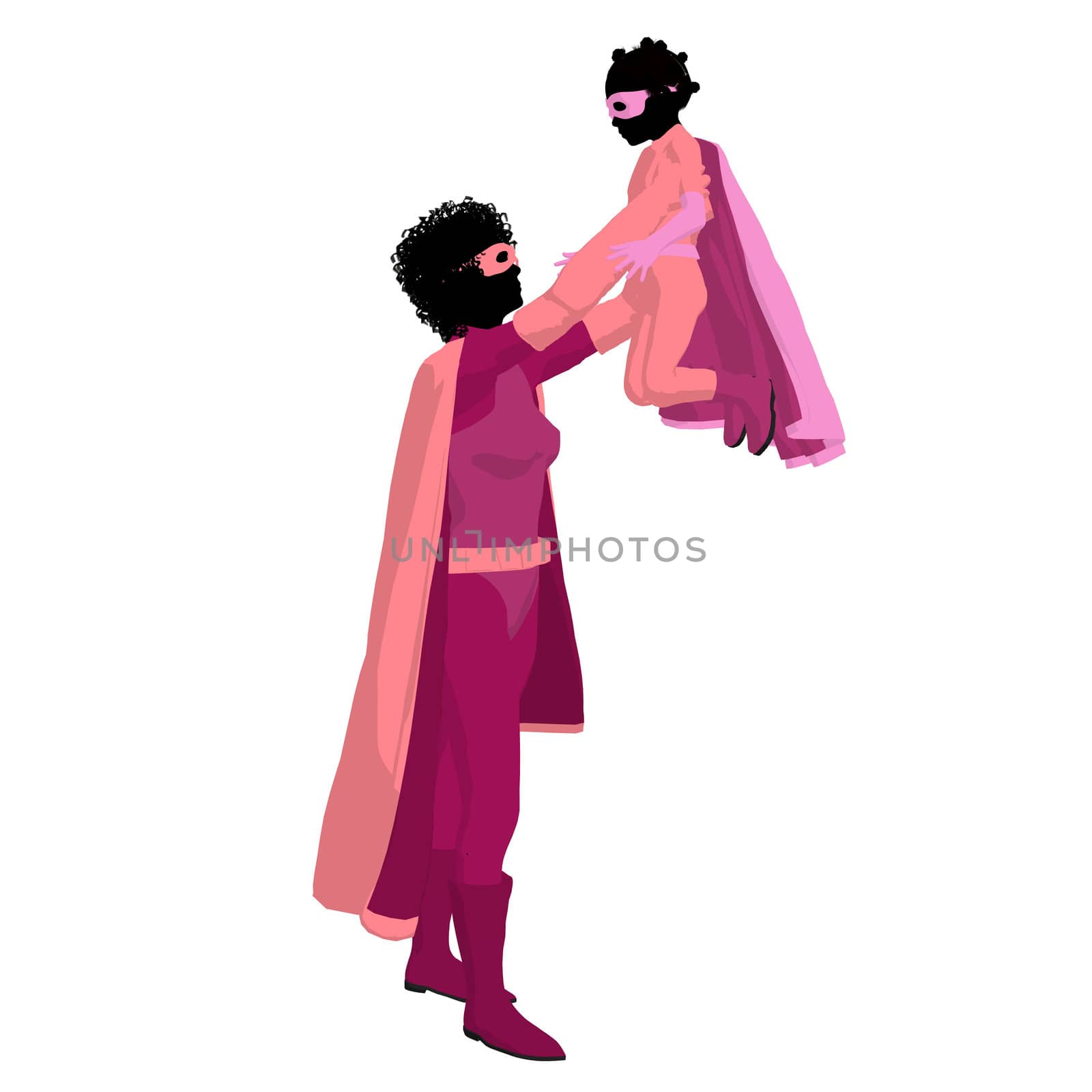 African american super hero mom with child silhouette on a white background