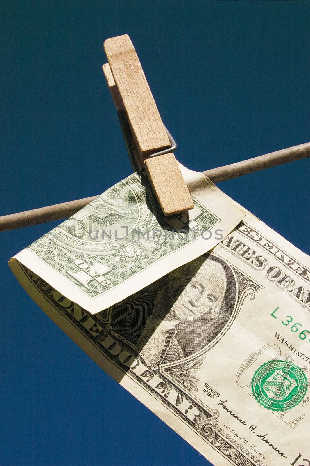 dollar bill blowing in the wind on a line