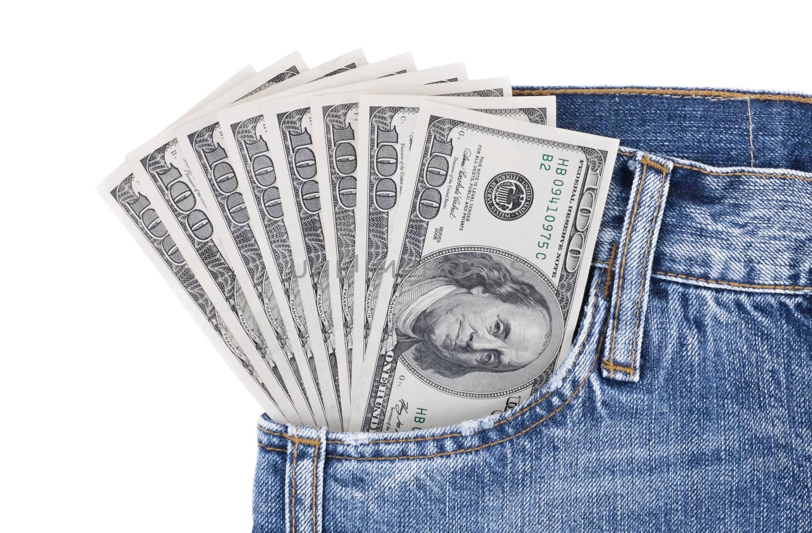 Many hundred dollar bills in pocket of blue jeans by rozhenyuk