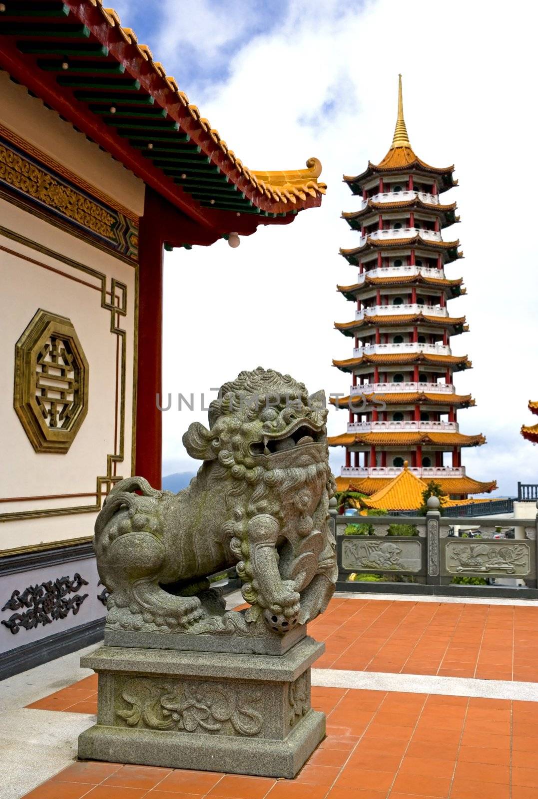 Image of a Chinese temple lion stone guardian in Malaysia.