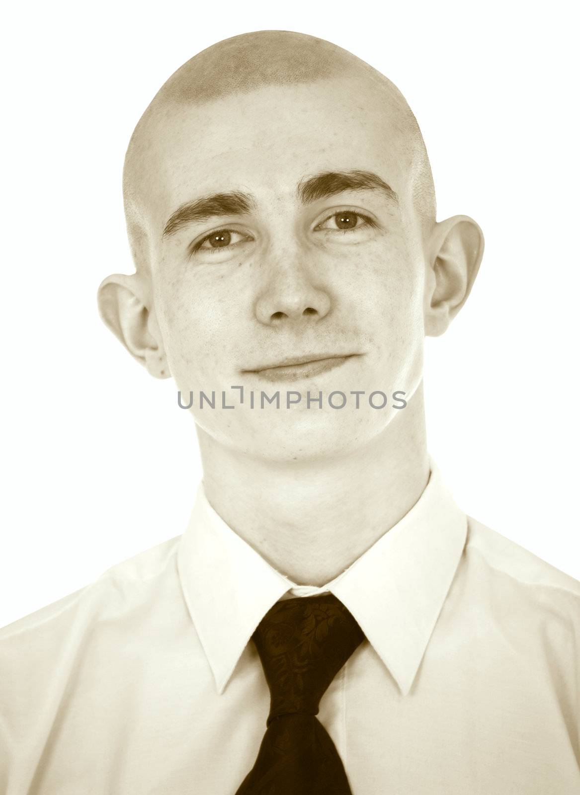Faded portrait of the young man with a tie on a white background