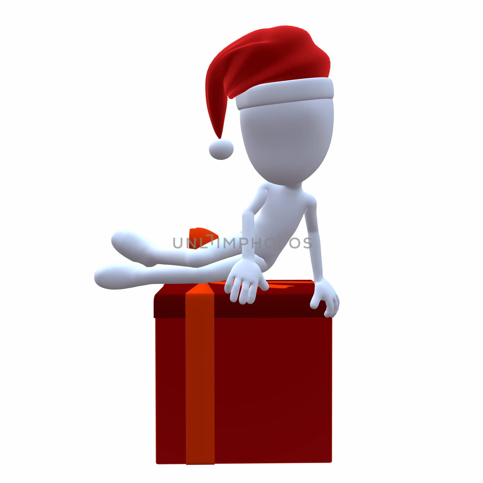 3D Christmas Guy Sitting On A Christmas Gift on a white background