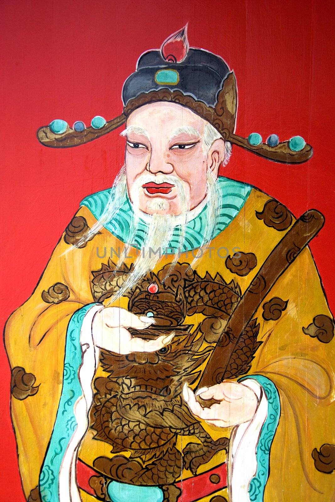 Image of a guardian painted on a chinese temple door in Malaysia.