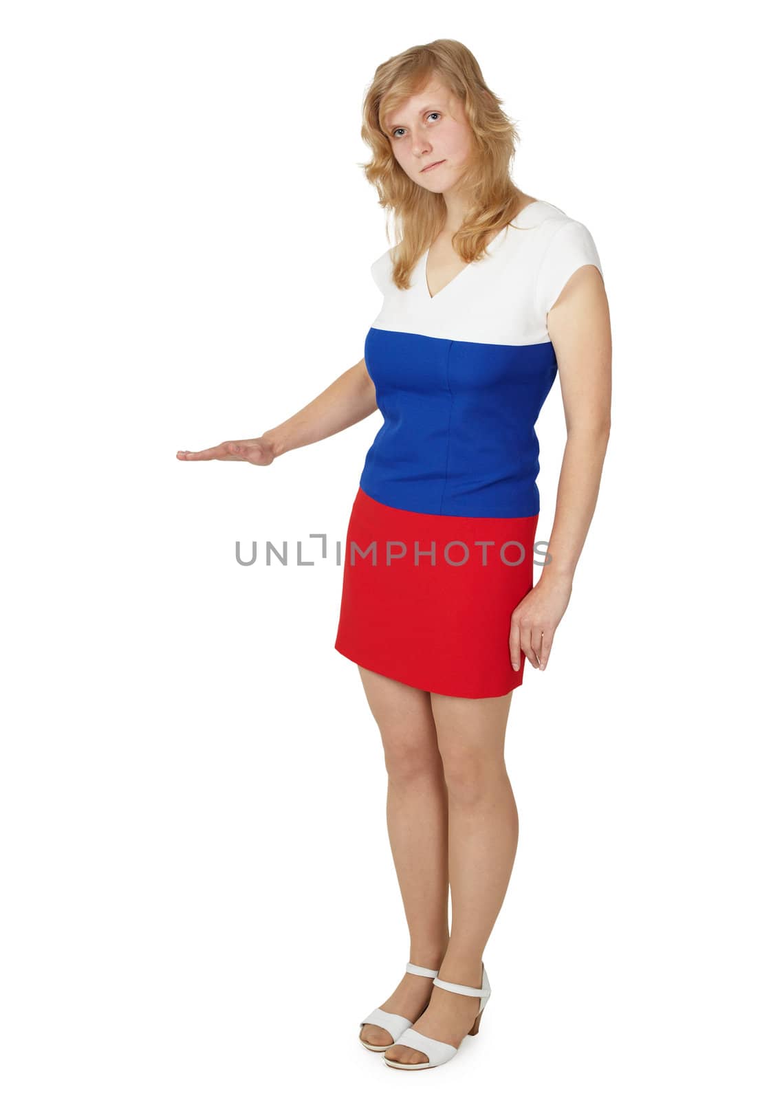 Young woman measure children height isolated on white background