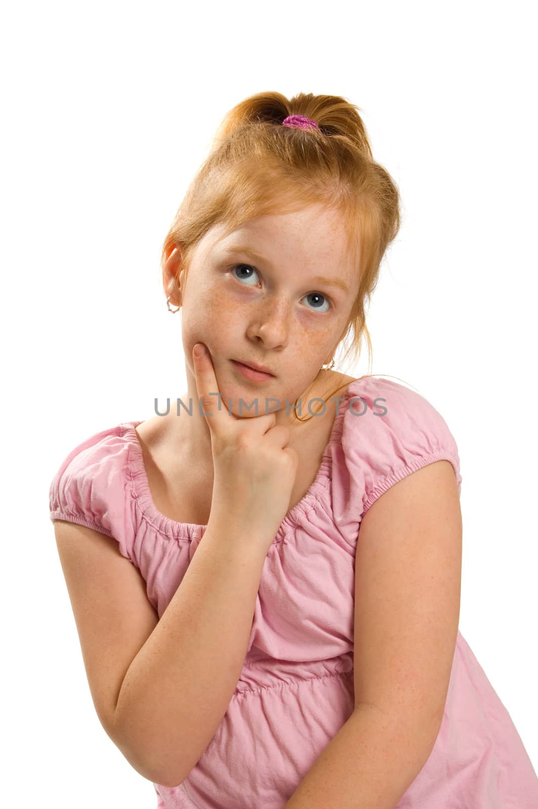 little girl is thinking isolated on white