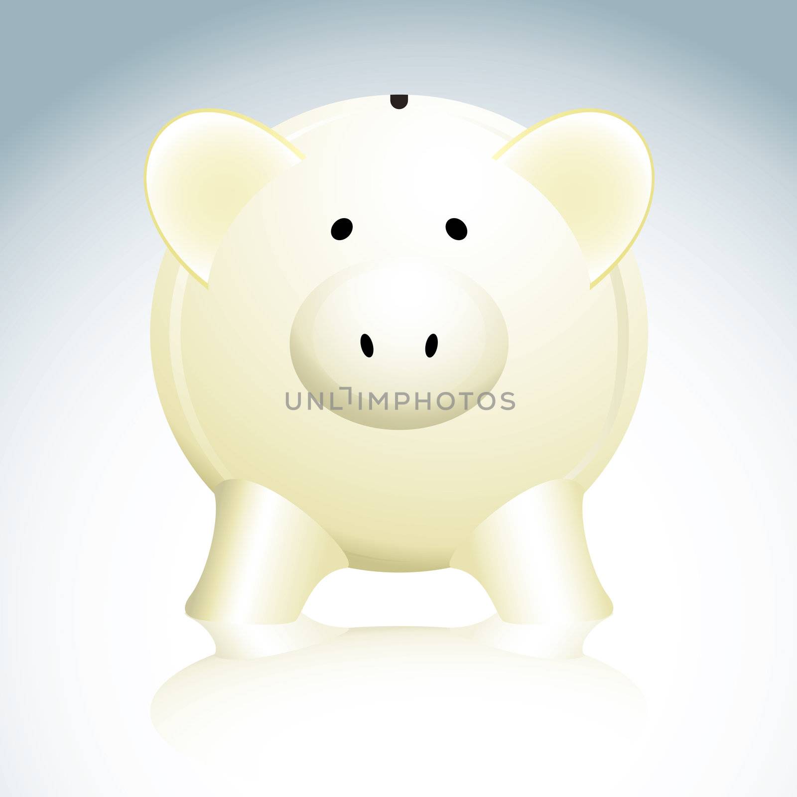 Illustrated savings piggy bank in yellow with a reflection