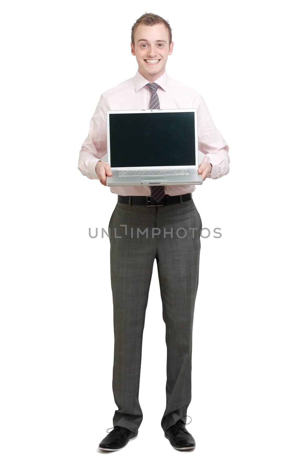 A business man presenting on a laptop