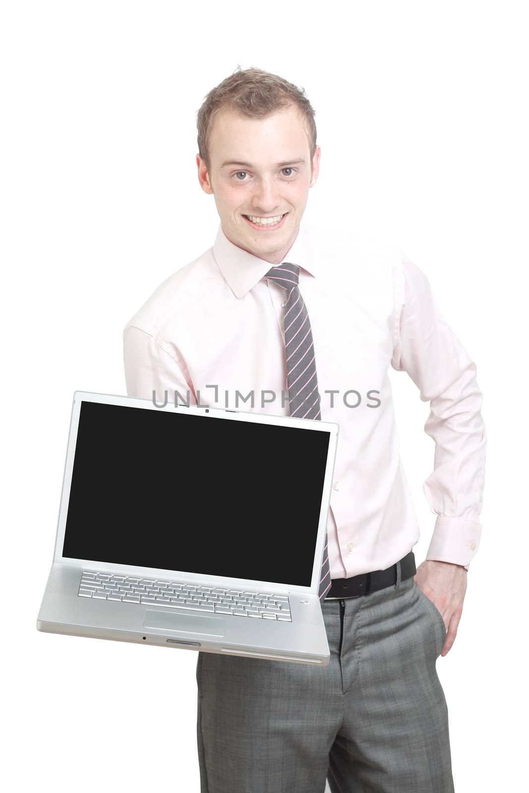 A business man presenting on a laptop