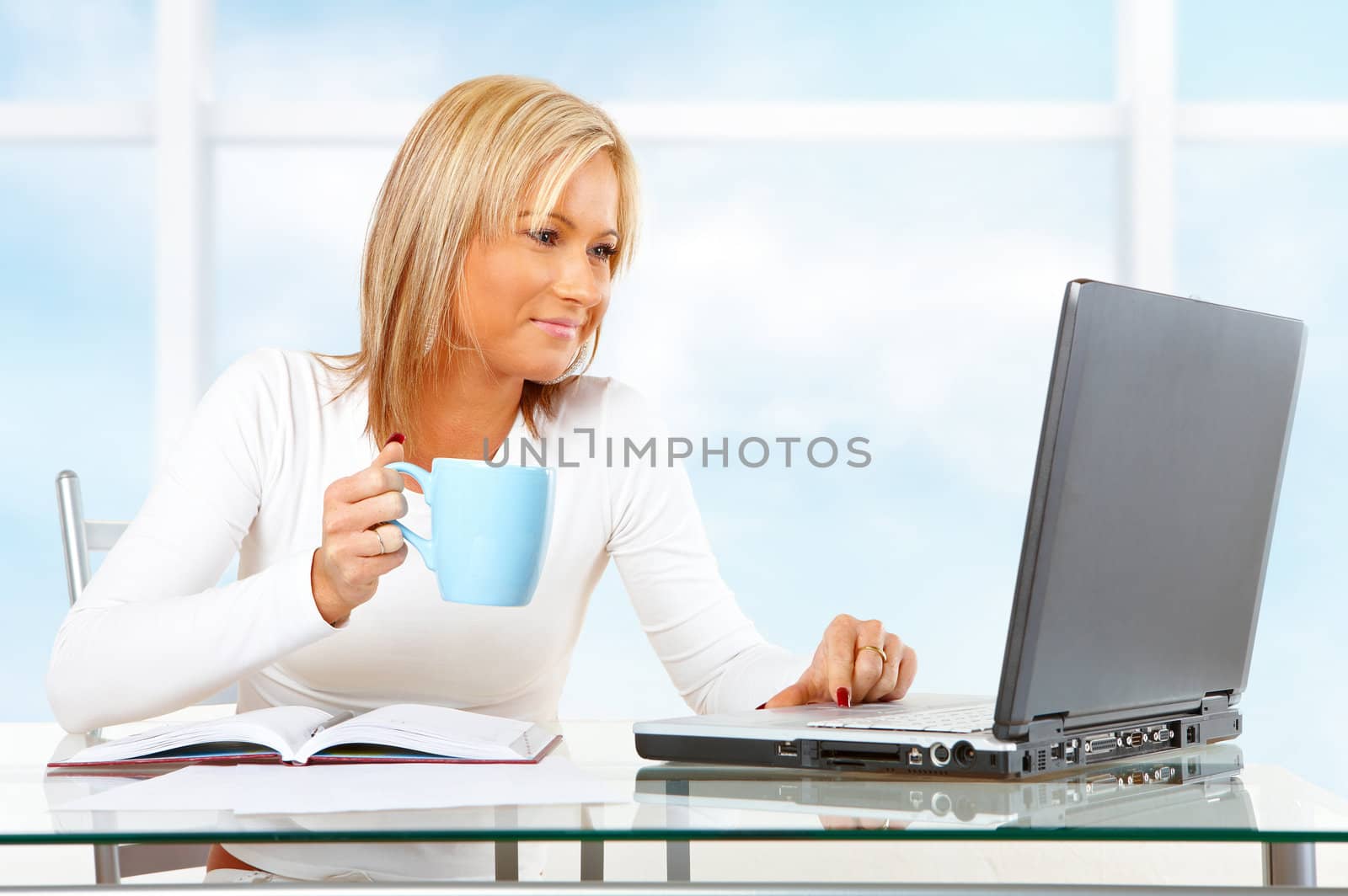 Beautiful businesswoman working or studying with laptop