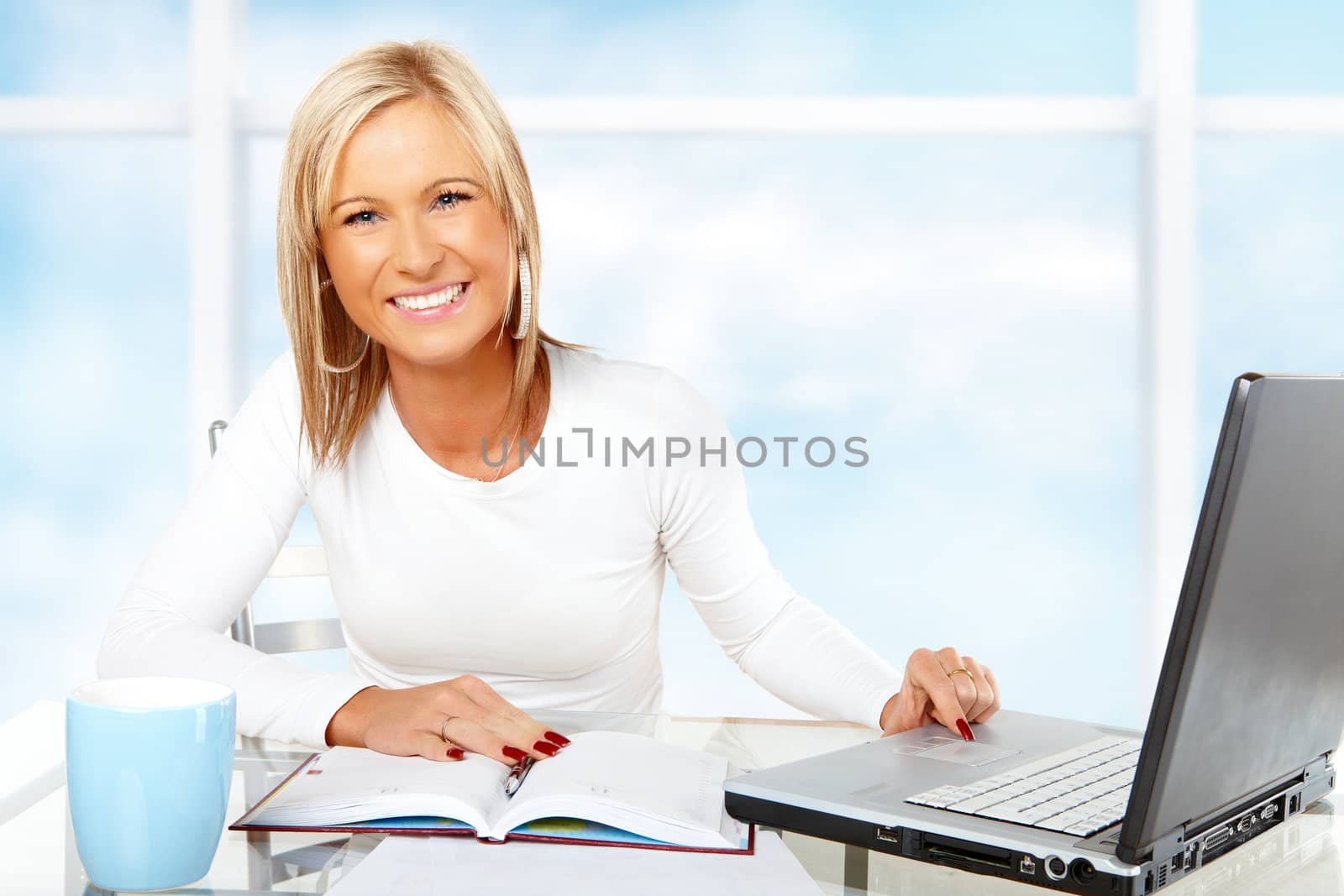 Beautiful businesswoman working or studying with laptop