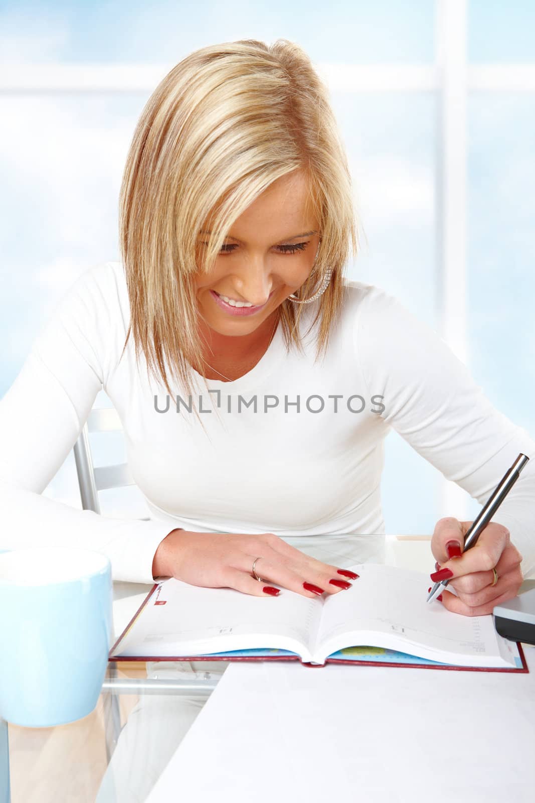 Beautiful girl working or studying, taking notes