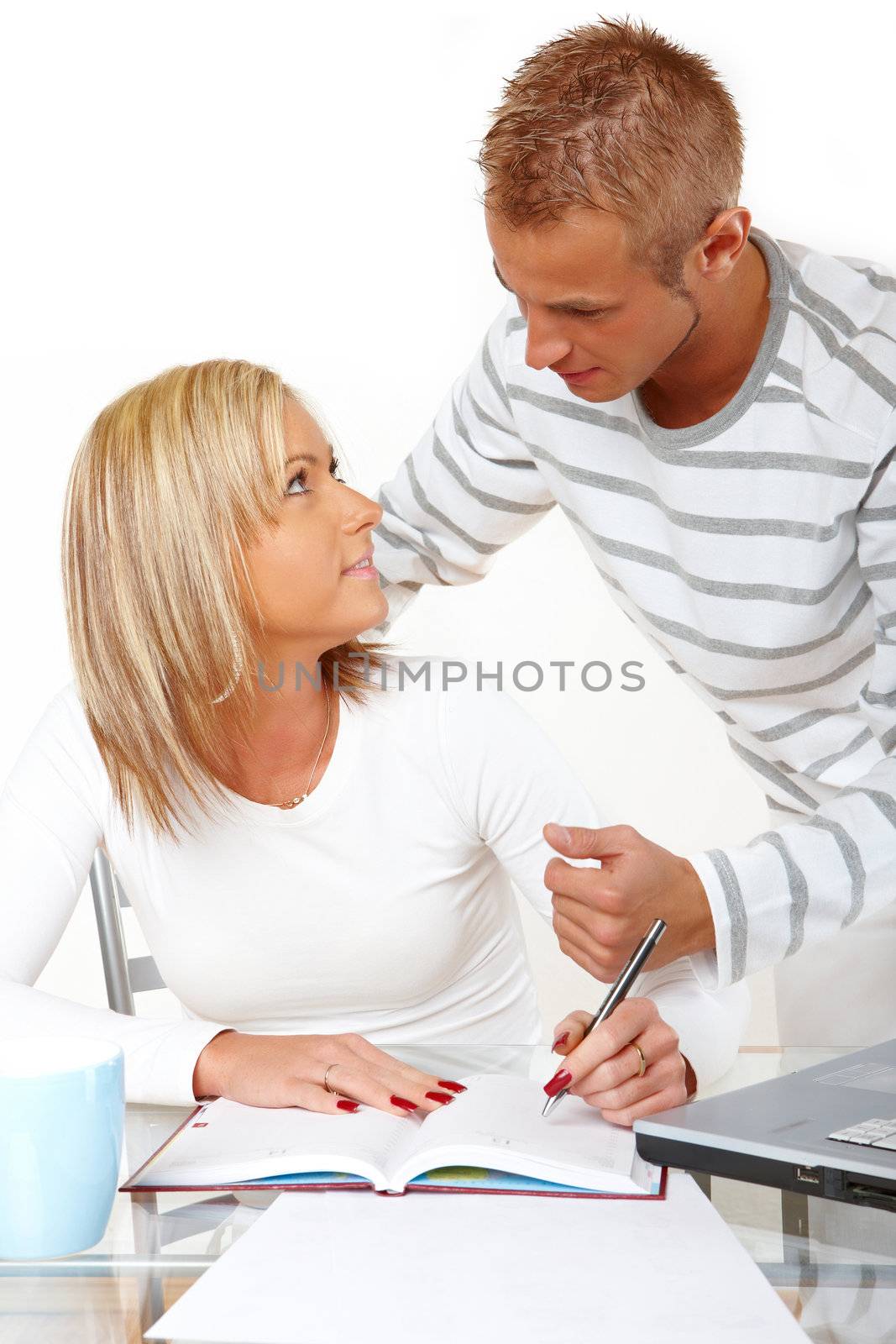 Portrait of a happy couple working with laptop and notes in home or office