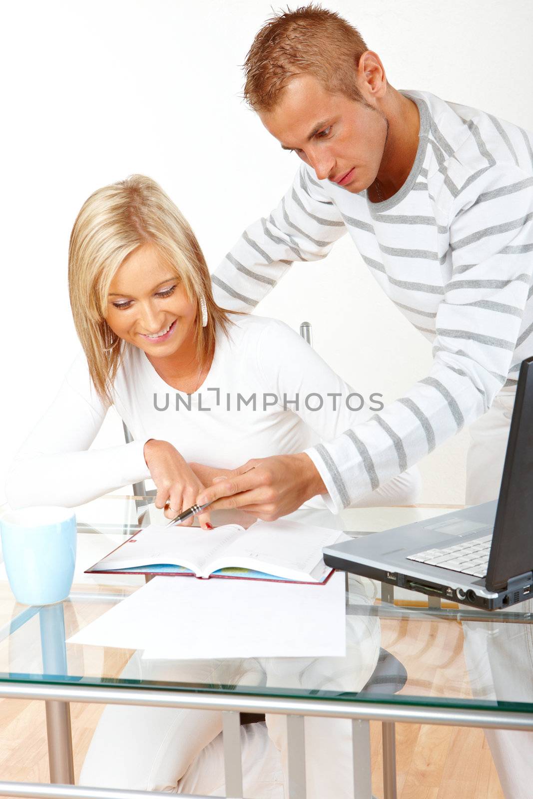 Portrait of a happy couple working with laptop and notes in home or office