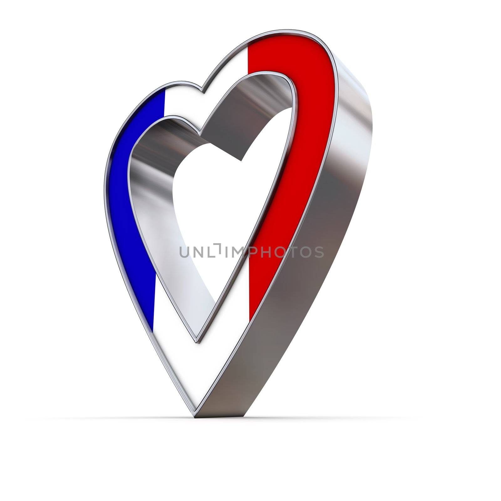 shiny metallic 3d heart of silver/chrome - front surface shows the french flag