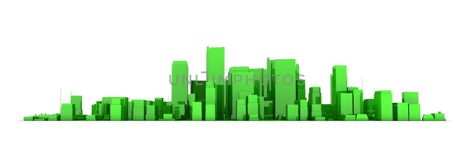 wide 3D cityscape model in shiny green  with a white background - buildings are casting no shadows
