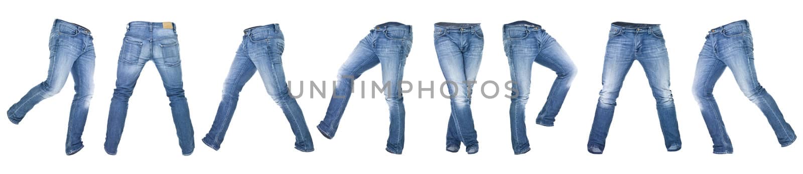 Collage of Worn blue jeans isolated on white background