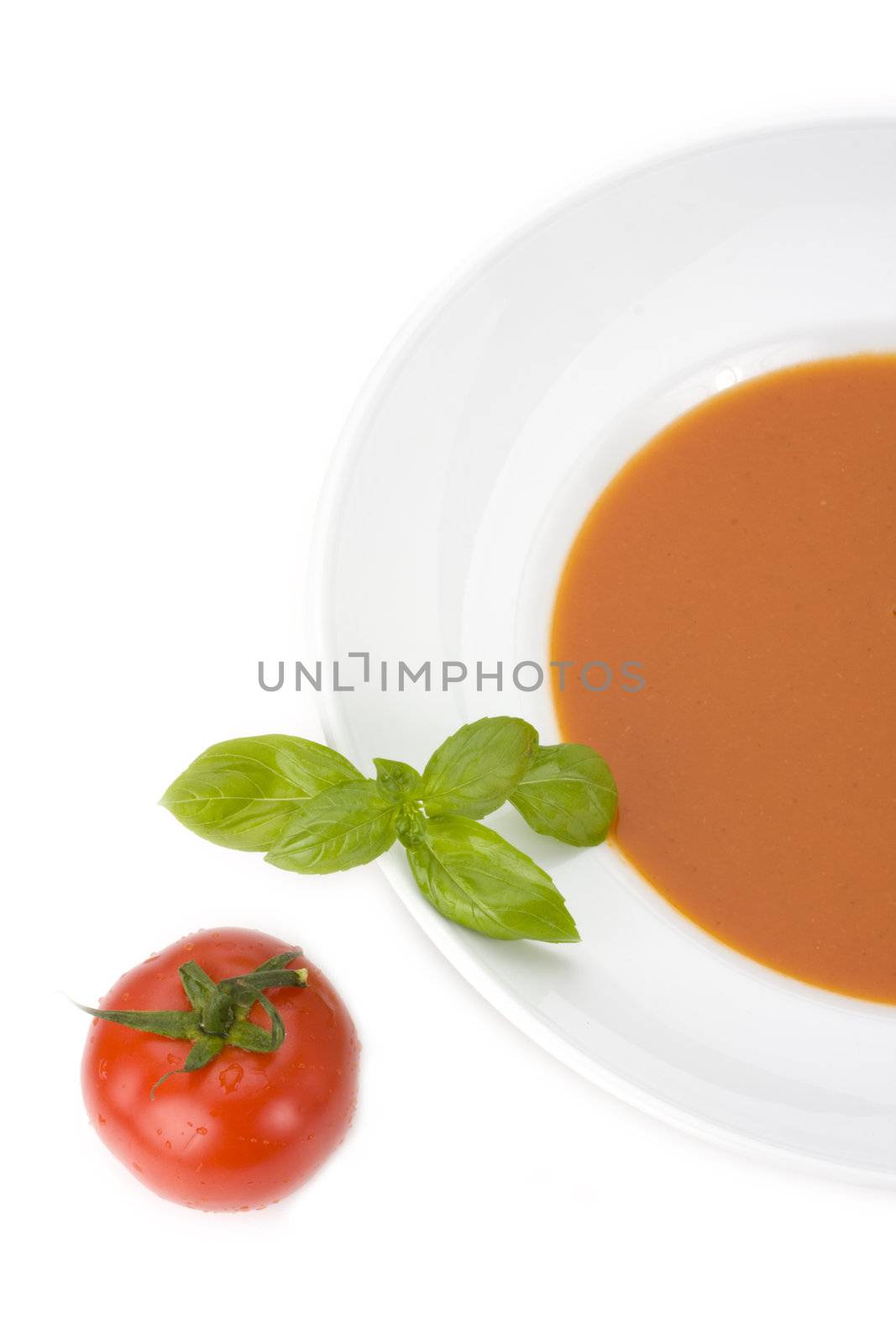 home made tomato soup in a white bowl by bernjuer