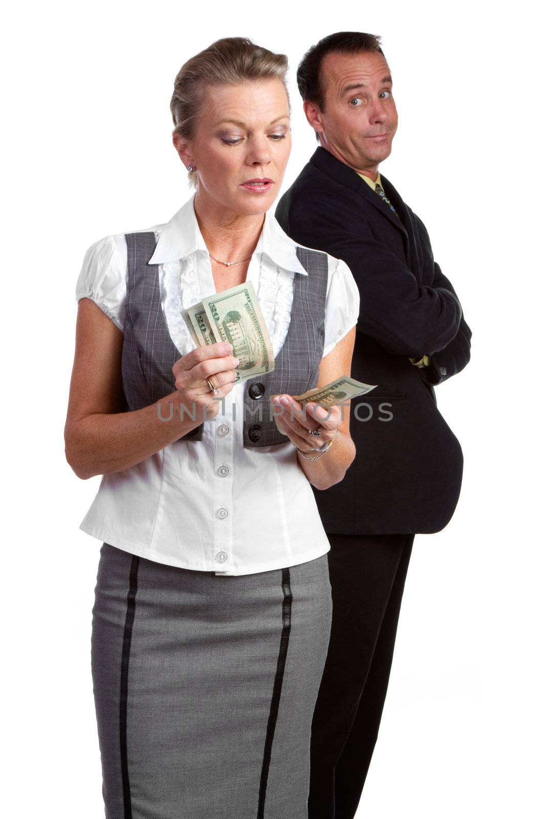 Businesswoman and businessman counting money