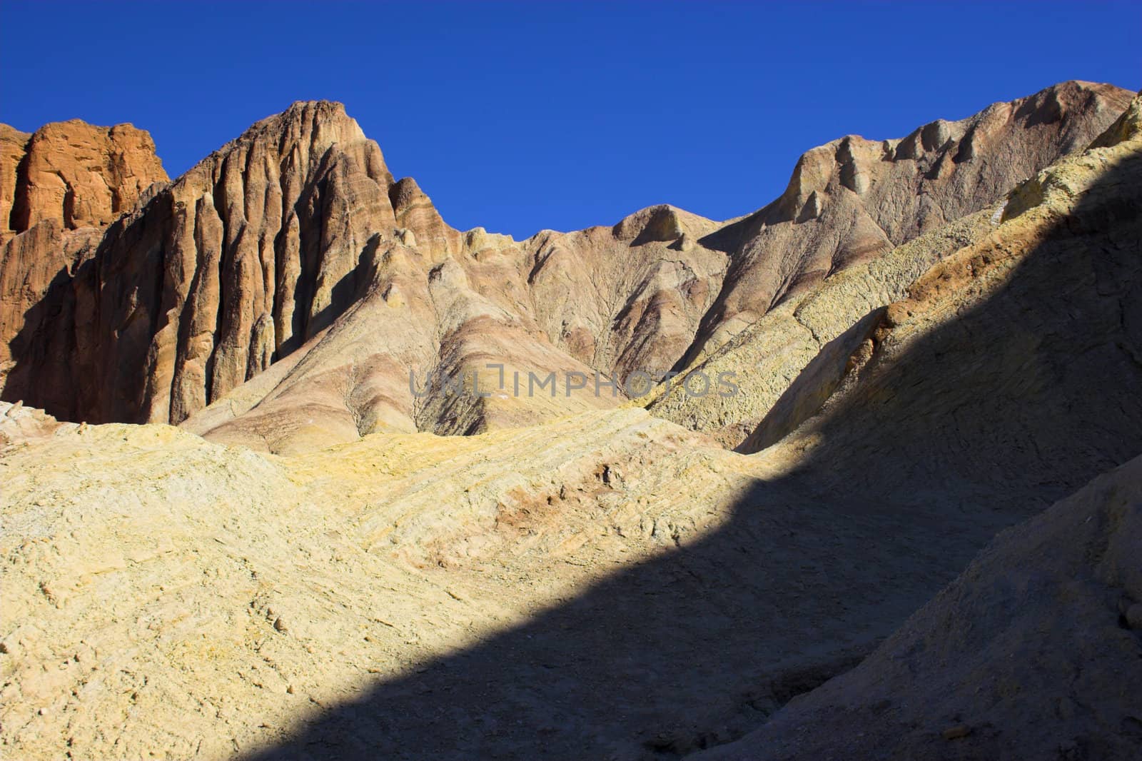 Desert landscape with multicolored yellow clay and salt mineral deposits in geological formations of Death Valley National Park