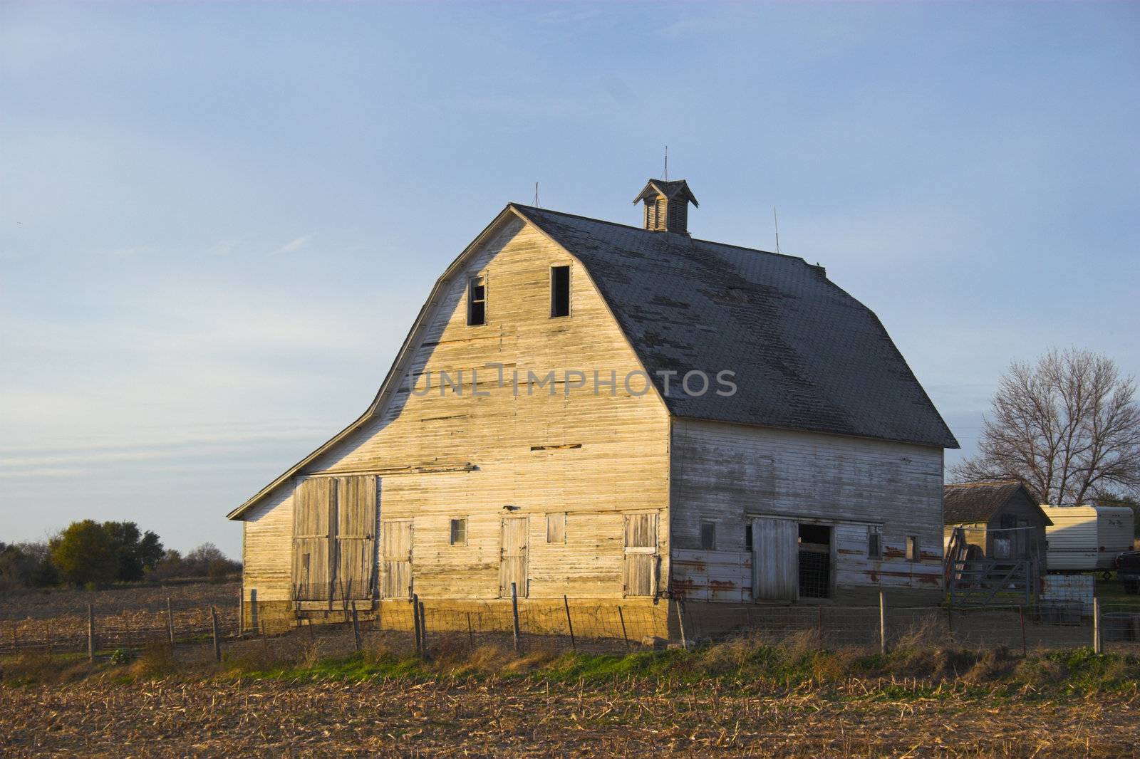 Fragment of farm barn with maize soy and wheat fields  