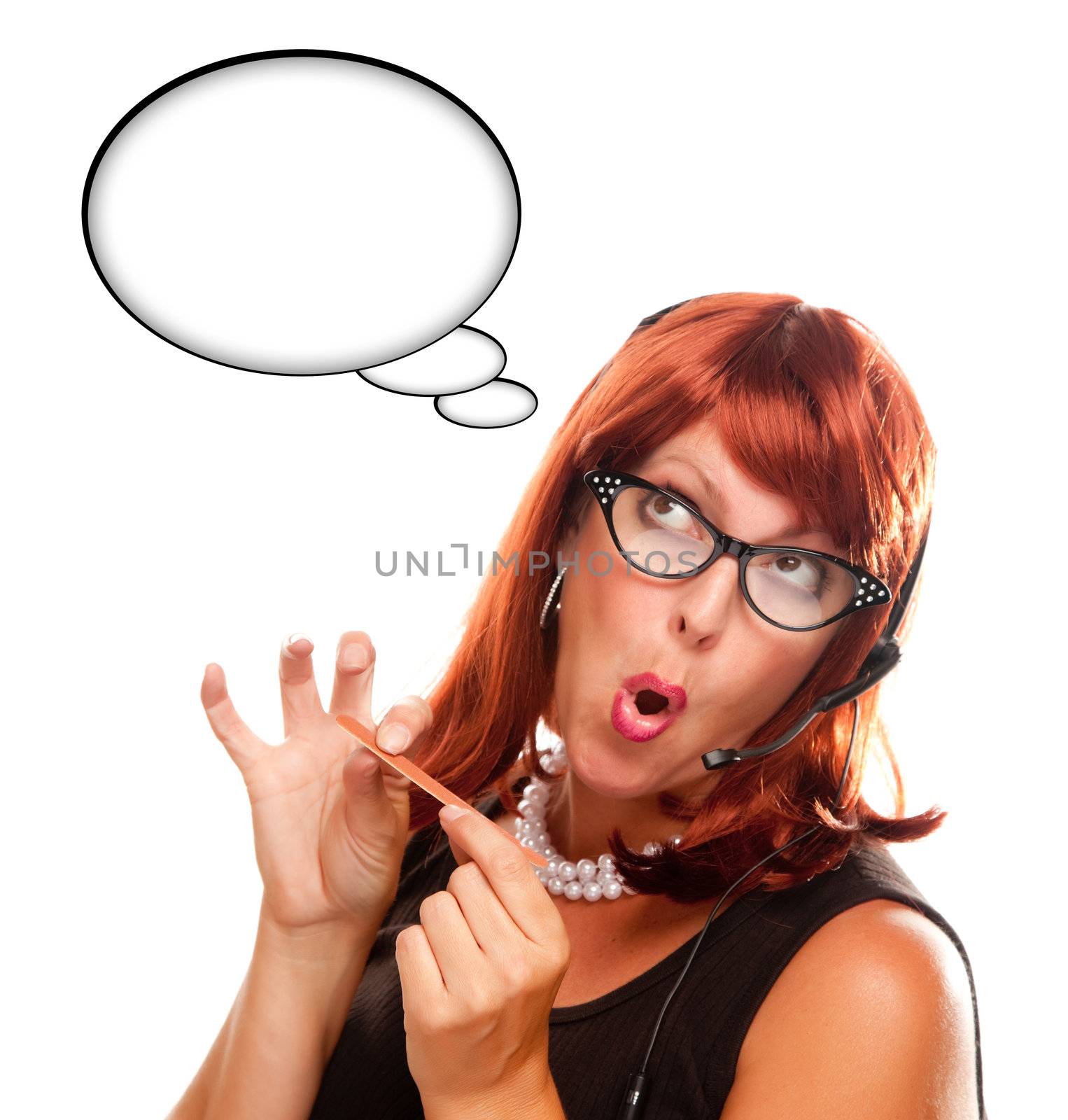 Red Haired Retro ReceptionistRed Haired Retro Receptionist with Blank Thought Bubble Filing Her Nails Isolated on a White Background.