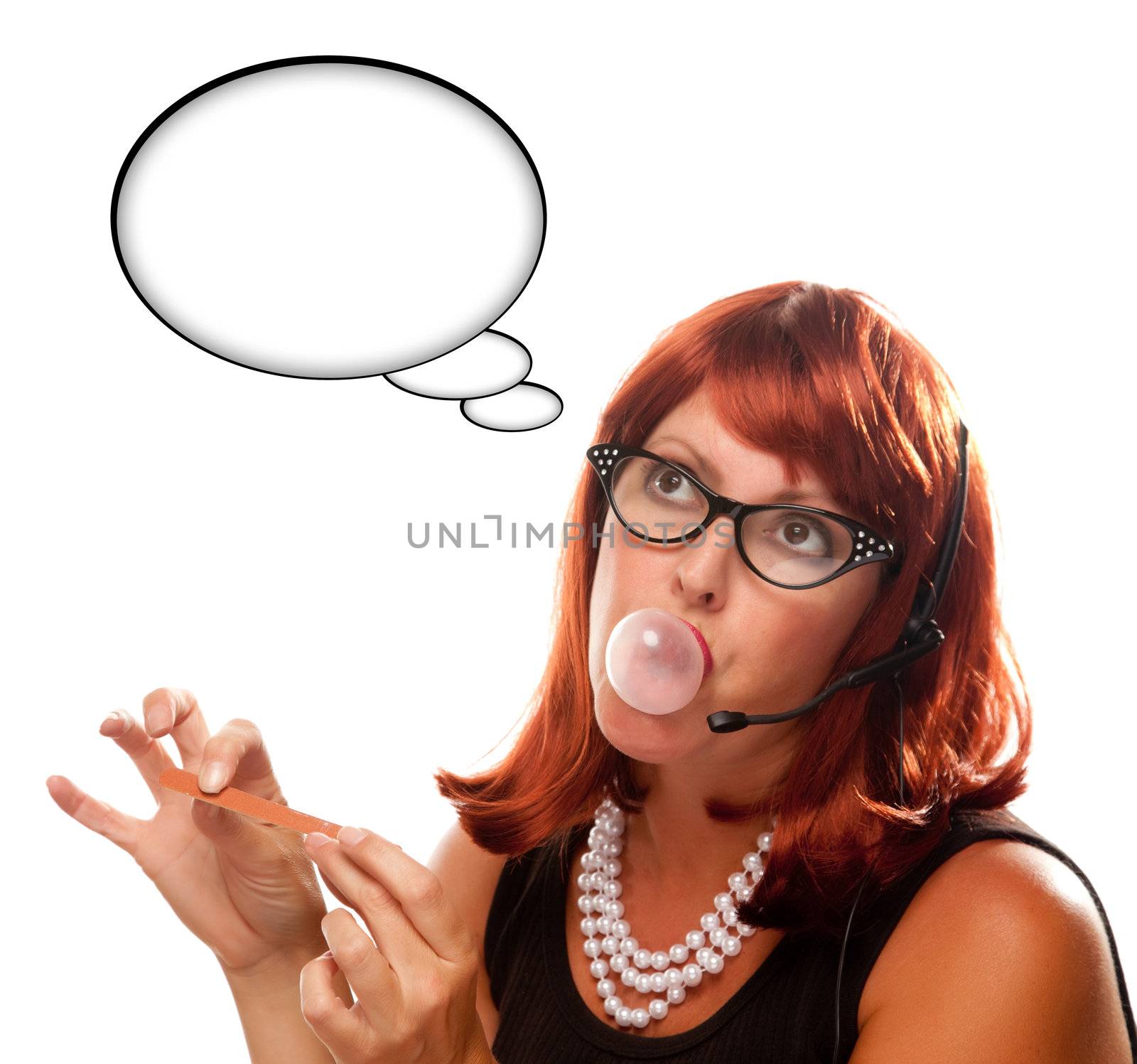 Red Haired Retro Receptionist with Blank Thought Bubble Chewing Gum Isolated on a White Background.