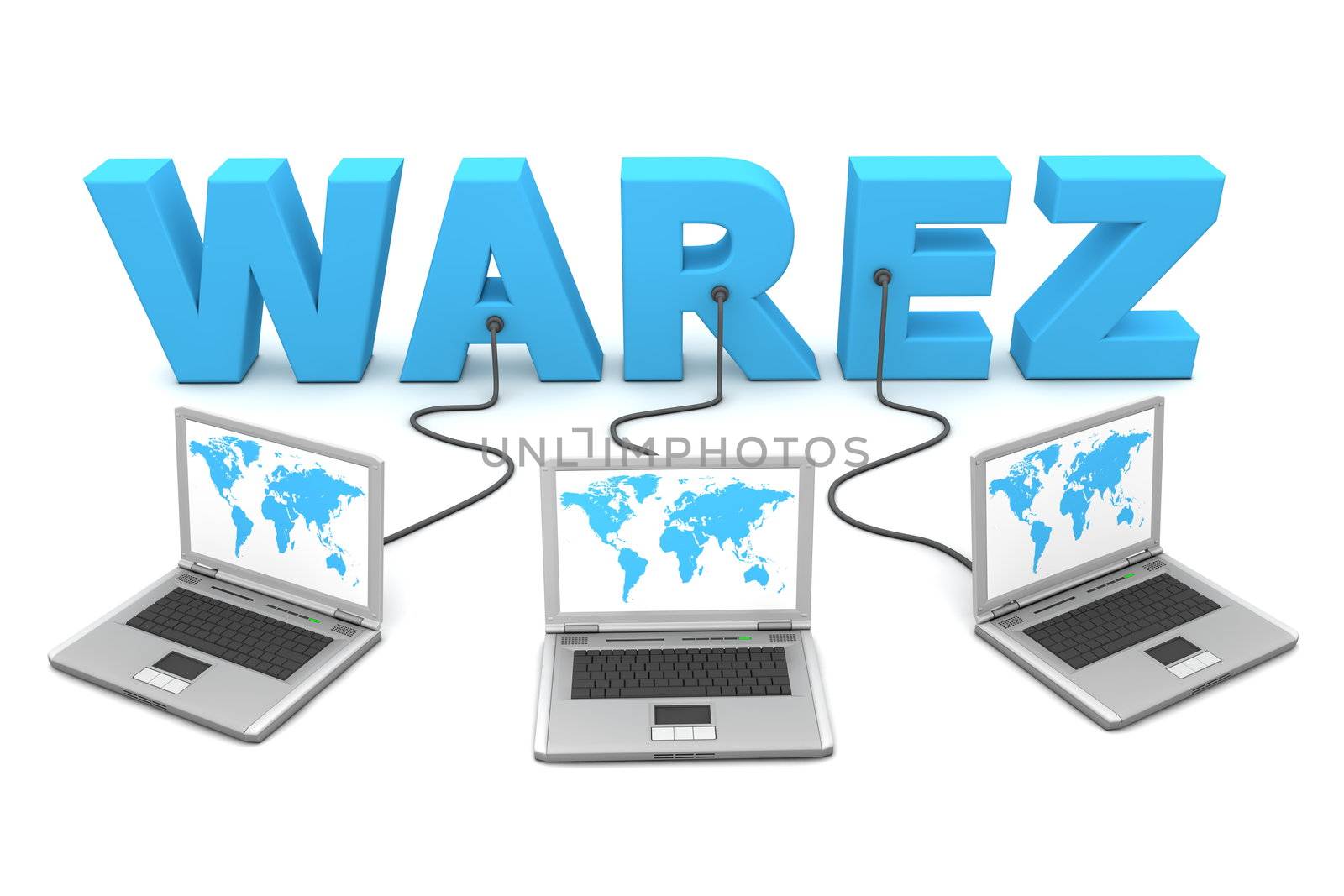 three laptops with a world map connected to the blue 3D word WAREZ