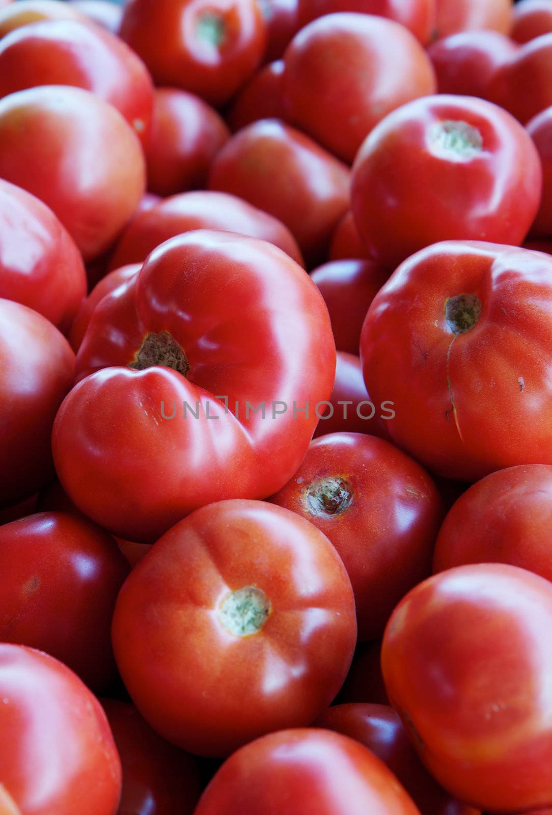 Pile of red ripe tomatoes at the farmers market