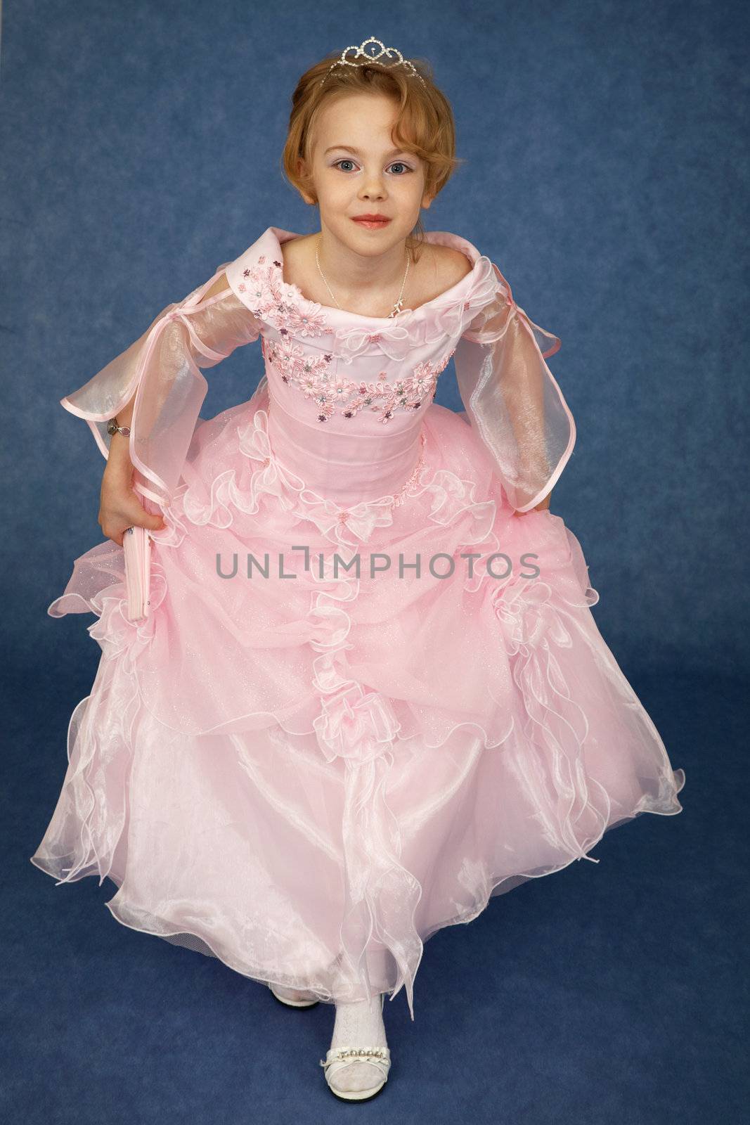 Girl in evening dress bows on a blue background