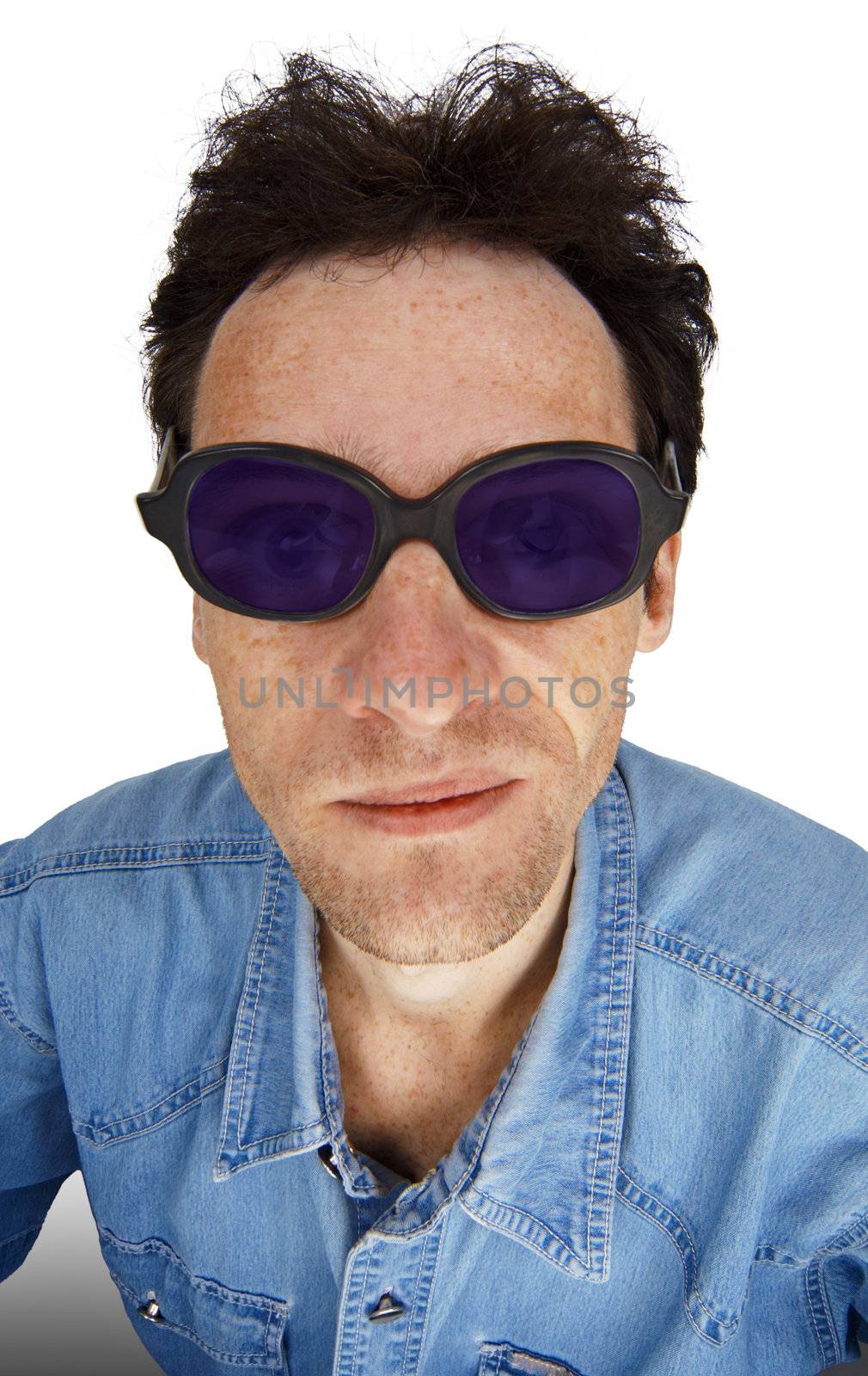 Funny man in dark glasses, close-up isolated on white