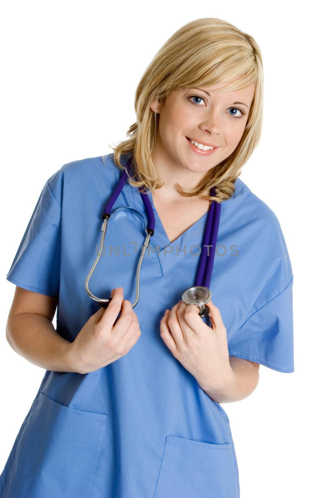 Pretty blond nurse wearing scrubs