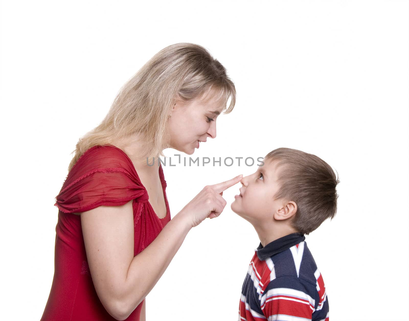 mother with son on wite press by nose