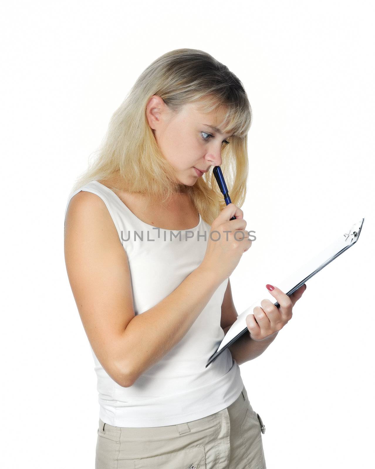 Cute blonde busineswoman isolated on white with notebook 