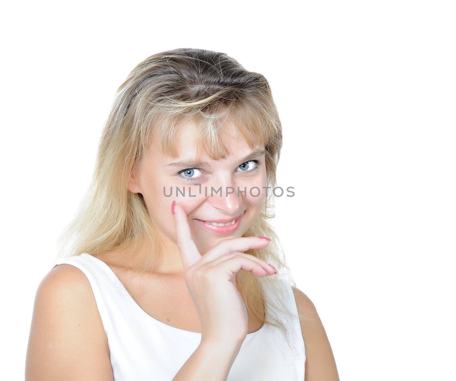 Beautiful Smiling young woman. Isolated over white background