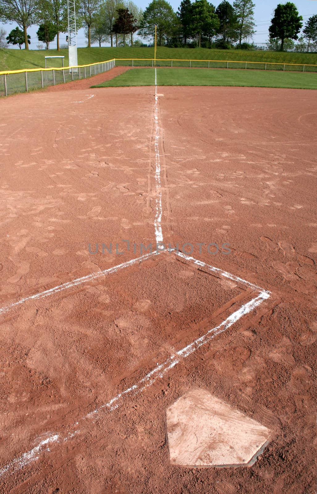 A wide-angle shot looking down the left field line from the plate and batters box.