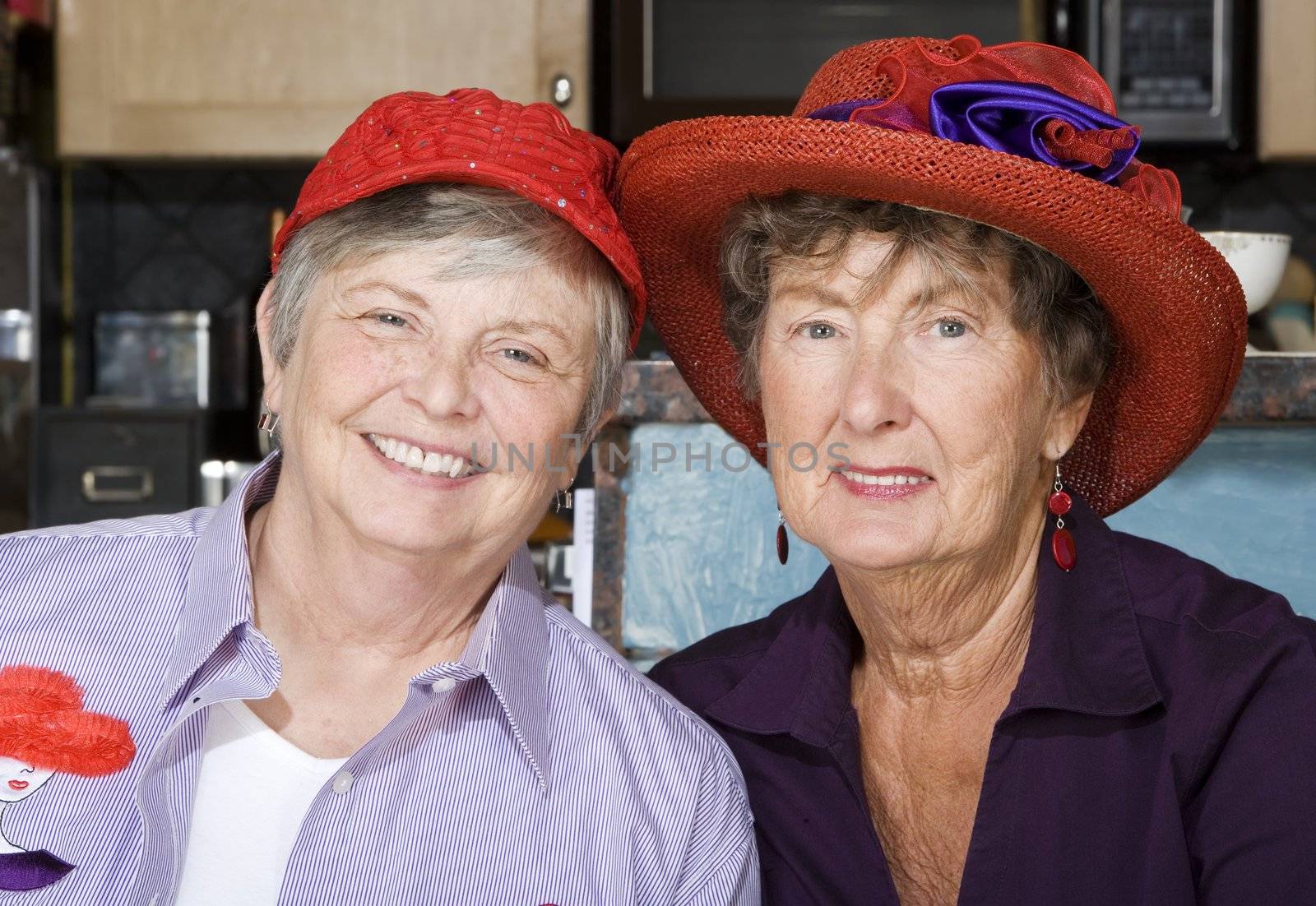 Two friendly senior women wearing red hats