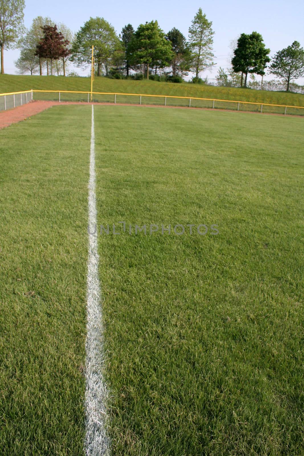 A shot of left field on a baseball diamond.