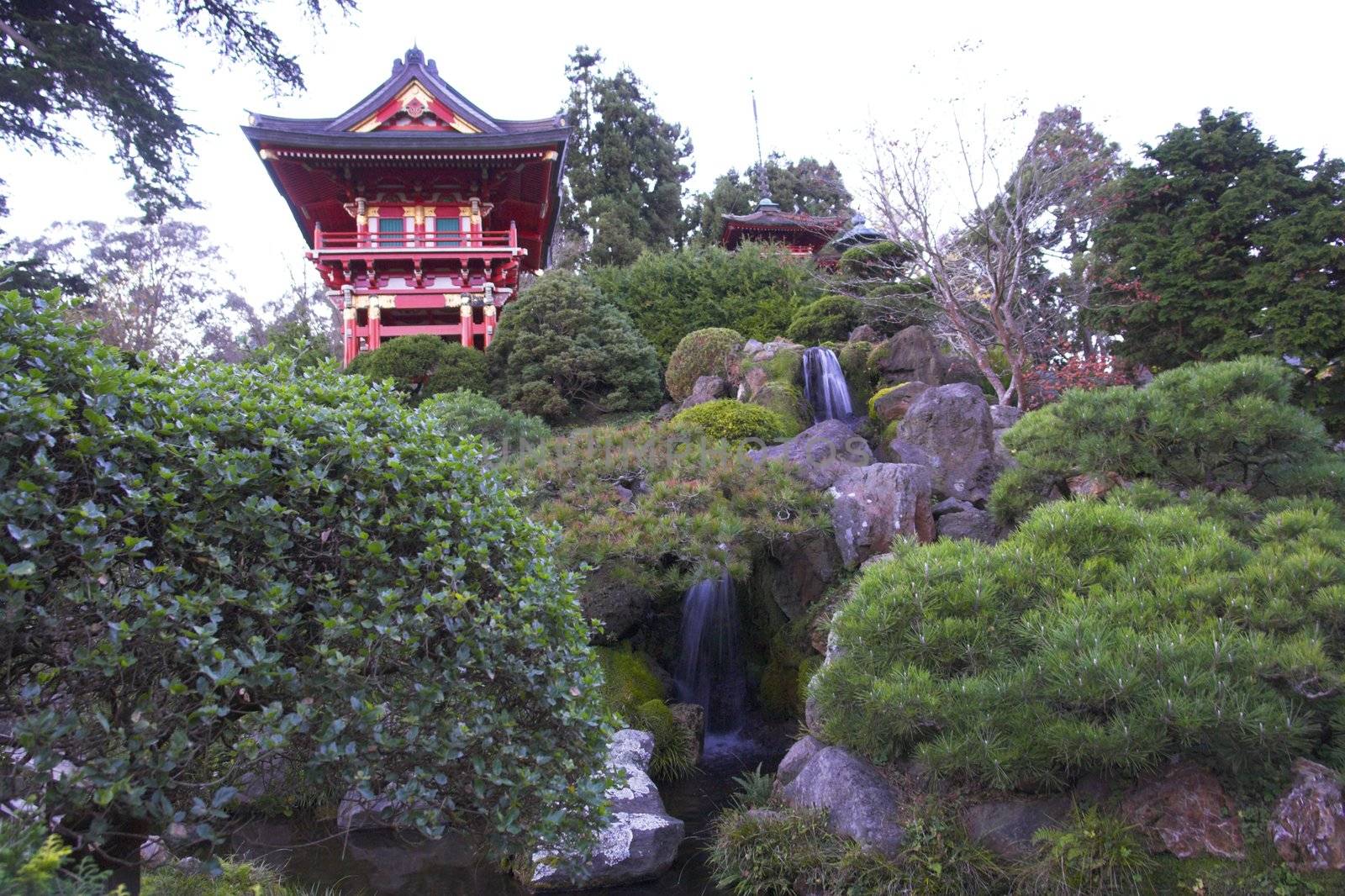 Red pagoda in Japanese garden in San Francisco, California